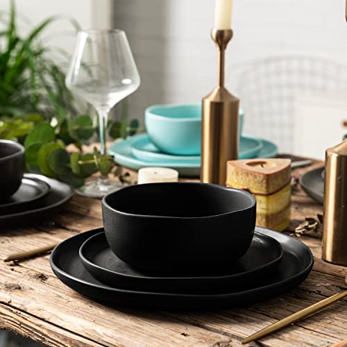 AmorArc Ceramic Dinner Plates Set of 6, Wavy Rim 10.5 Inch Stoneware Dish Set, Large Dinnerware Plates for Kitchen-Microwave&Dishwasher Safe, Scratch Resistant-Reactive Glaze Matte Black