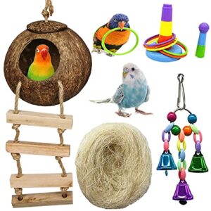 pinvnby coconut bird nest hideaway hut house with ladder parrot training puzzle toy parrot bell swing hanging birdhouse for parrots parakeet lovebird finch canary hamsters etc small animal