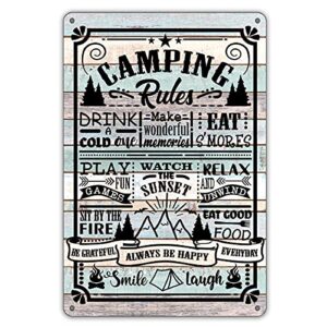 qiongqi funny camping rules metal tin sign wall decor farmhouse rustic camping signs with sayings for home camper room decor gifts (wooden style)