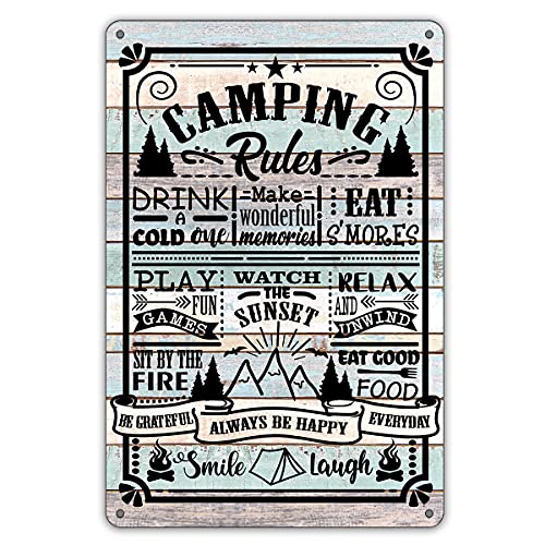 QIONGQI Funny Camping Rules Metal Tin Sign Wall Decor Farmhouse Rustic Camping Signs with Sayings for Home Camper Room Decor Gifts (Wooden Style)