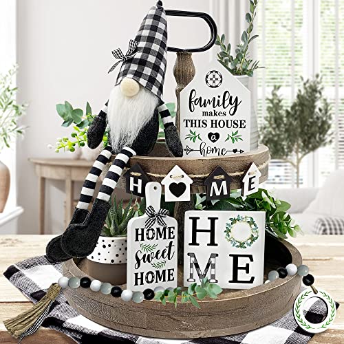 Farmhouse Decor - Farmhouse Kitchen Decor - Tiered Tray Decor Bundle 6 PCS - 3 Modern Farmhouse Wooden Signs - Plush Gnome - Wood Beads Garland - Mini Wooden Banner - Home Table Decorations