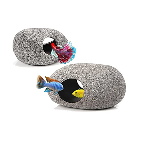 MUNLIT Ceramic Fish Tank Decorations, Betta Fish Tank Accessories Rock Caves, Stackable Aquarium Cichlid Cave, Betta Fish Hideout and House, Small Hiding Rock for Fish Bowl (2 PCS Oval Style A)