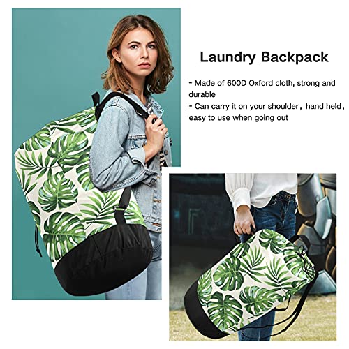 xigua Extra Large Exotic Palm Leaves Laundry Bag with Strap, Waterproof Durable Laundry Backpack Hanging Laundry Hamper Adjustable Shoulder Straps Camping Bag