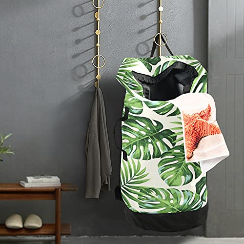 xigua Extra Large Exotic Palm Leaves Laundry Bag with Strap, Waterproof Durable Laundry Backpack Hanging Laundry Hamper Adjustable Shoulder Straps Camping Bag