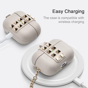 Nereides Compatible with AirPods Pro Case, Protective Leather Cover with Keychain, High-end Fashion Design Skin with Bling Rivets for Men Women, Supports Wireless Charging, Front LED Light Visible