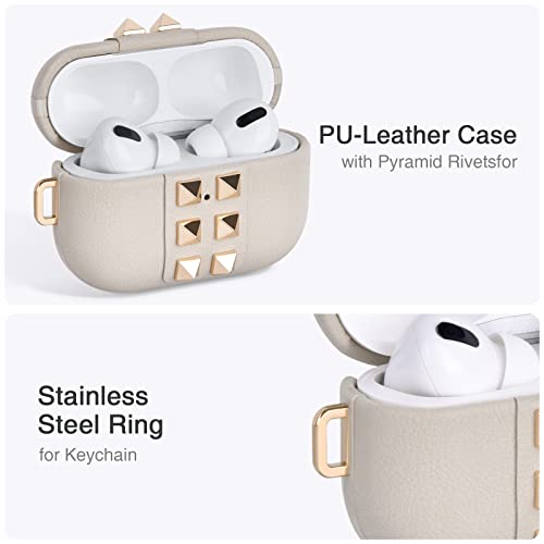 Nereides Compatible with AirPods Pro Case, Protective Leather Cover with Keychain, High-end Fashion Design Skin with Bling Rivets for Men Women, Supports Wireless Charging, Front LED Light Visible