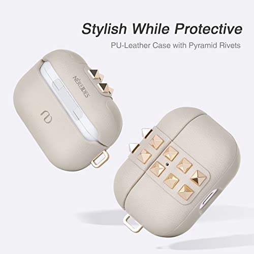 Nereides Compatible with AirPods Pro Case, Protective Leather Cover with Keychain, High-end Fashion Design Skin with Bling Rivets for Men Women, Supports Wireless Charging, Front LED Light Visible