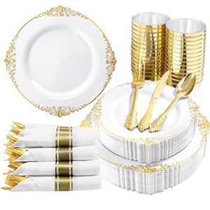 nervure 350pcs white and gold plastic plates & pre rolled napkins with plastic cutlery for 50 guests-gold disposable plates, 150 gold plastic silverware, 50cups, 50napkins for party & wedding