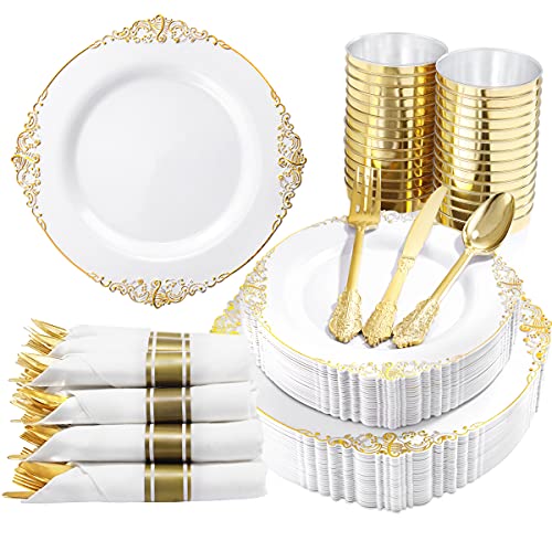 Nervure 350PCS White and Gold Plastic Plates & Pre Rolled Napkins with Plastic Cutlery for 50 Guests-Gold Disposable Plates, 150 Gold Plastic Silverware, 50Cups, 50Napkins for Party & Wedding