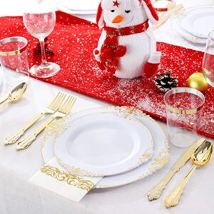 Nervure 350PCS White and Gold Plastic Plates & Pre Rolled Napkins with Plastic Cutlery for 50 Guests-Gold Disposable Plates, 150 Gold Plastic Silverware, 50Cups, 50Napkins for Party & Wedding