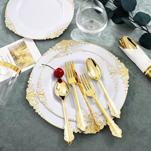 Nervure 350PCS White and Gold Plastic Plates & Pre Rolled Napkins with Plastic Cutlery for 50 Guests-Gold Disposable Plates, 150 Gold Plastic Silverware, 50Cups, 50Napkins for Party & Wedding