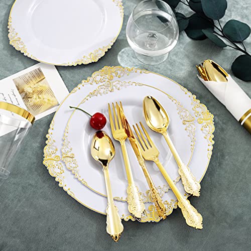 Nervure 350PCS White and Gold Plastic Plates & Pre Rolled Napkins with Plastic Cutlery for 50 Guests-Gold Disposable Plates, 150 Gold Plastic Silverware, 50Cups, 50Napkins for Party & Wedding