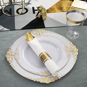 Nervure 350PCS White and Gold Plastic Plates & Pre Rolled Napkins with Plastic Cutlery for 50 Guests-Gold Disposable Plates, 150 Gold Plastic Silverware, 50Cups, 50Napkins for Party & Wedding