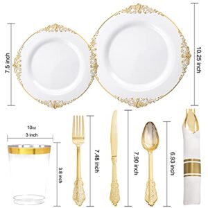 Nervure 350PCS White and Gold Plastic Plates & Pre Rolled Napkins with Plastic Cutlery for 50 Guests-Gold Disposable Plates, 150 Gold Plastic Silverware, 50Cups, 50Napkins for Party & Wedding