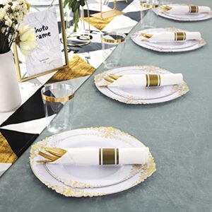 Nervure 350PCS White and Gold Plastic Plates & Pre Rolled Napkins with Plastic Cutlery for 50 Guests-Gold Disposable Plates, 150 Gold Plastic Silverware, 50Cups, 50Napkins for Party & Wedding