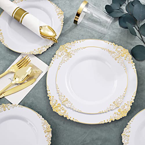 Nervure 350PCS White and Gold Plastic Plates & Pre Rolled Napkins with Plastic Cutlery for 50 Guests-Gold Disposable Plates, 150 Gold Plastic Silverware, 50Cups, 50Napkins for Party & Wedding