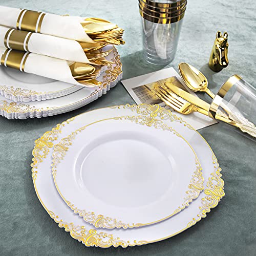 Nervure 350PCS White and Gold Plastic Plates & Pre Rolled Napkins with Plastic Cutlery for 50 Guests-Gold Disposable Plates, 150 Gold Plastic Silverware, 50Cups, 50Napkins for Party & Wedding