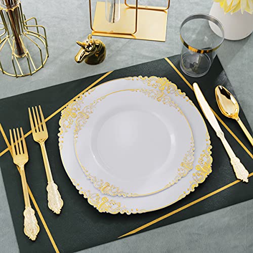 Nervure 350PCS White and Gold Plastic Plates & Pre Rolled Napkins with Plastic Cutlery for 50 Guests-Gold Disposable Plates, 150 Gold Plastic Silverware, 50Cups, 50Napkins for Party & Wedding