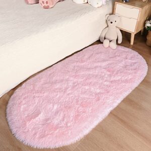 Merelax Soft Shaggy Rug for Kids Bedroom, Oval 2.6'x5.3' Pink Plush Fluffy Carpets for Living Room, Furry Carpet for Teen Girls Room, Anti-Skid Fuzzy Comfy Rug for Nursery Decor Cute Baby Play Mat