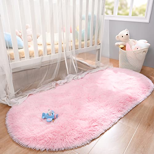 Merelax Soft Shaggy Rug for Kids Bedroom, Oval 2.6'x5.3' Pink Plush Fluffy Carpets for Living Room, Furry Carpet for Teen Girls Room, Anti-Skid Fuzzy Comfy Rug for Nursery Decor Cute Baby Play Mat