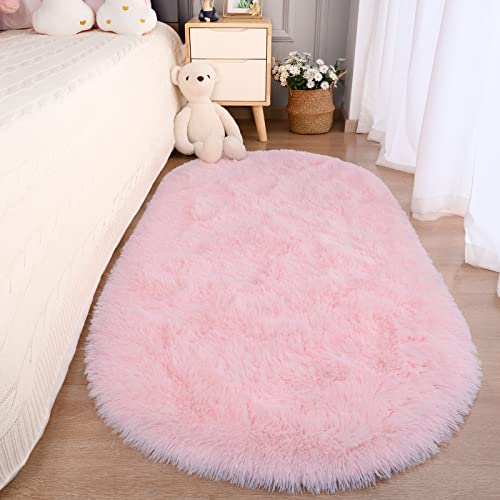 Merelax Soft Shaggy Rug for Kids Bedroom, Oval 2.6'x5.3' Pink Plush Fluffy Carpets for Living Room, Furry Carpet for Teen Girls Room, Anti-Skid Fuzzy Comfy Rug for Nursery Decor Cute Baby Play Mat