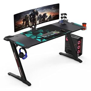 it's_organized gaming desk 60 inch,racing style gaming computer desk with rgb led lights,z shaped professional gamer workstation with mouse pad,handle rack,cup holder,headphone hook,black