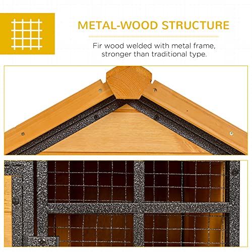 PawHut 2-Level Rabbit Hutch Bunny House with Weatherproof Hinged Asphalt Roof, Removable Tray and Ramp for Outdoor