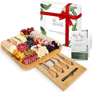 bamboo cheese board and knife set - includes a secret drawer with stainless steel fork and cheese knife set for charcuterie board party serving tray - thoughtful wedding anniversary housewarming gifts