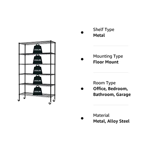 HCY 6-Tier Storage Shelf Heavy Duty Shelving Unit NSF Height Adjustable Metal Rack with Wheels for Laundry Bathroom Kitchen Garage Pantry Organization 2100 LBS Capacity-82*48*18 inch, (Black)