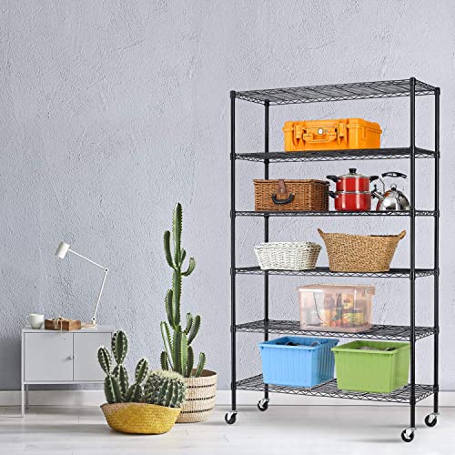 HCY 6-Tier Storage Shelf Heavy Duty Shelving Unit NSF Height Adjustable Metal Rack with Wheels for Laundry Bathroom Kitchen Garage Pantry Organization 2100 LBS Capacity-82*48*18 inch, (Black)