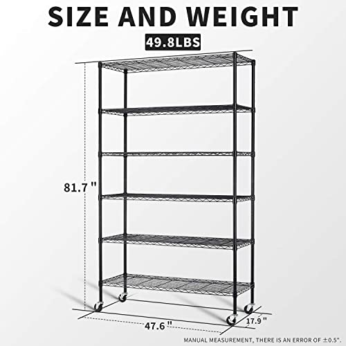 HCY 6-Tier Storage Shelf Heavy Duty Shelving Unit NSF Height Adjustable Metal Rack with Wheels for Laundry Bathroom Kitchen Garage Pantry Organization 2100 LBS Capacity-82*48*18 inch, (Black)