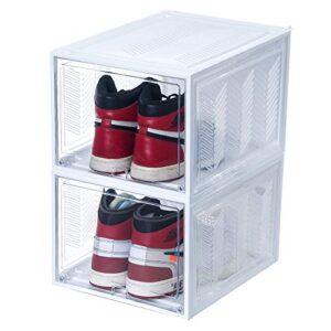 shoe organizer with hard & thick plastic board shoe storage boxes fits us size 13, shoe boxes clear plastic stackable measure l14.2xw11.2xh8.5(inch) for sneaker high heel storage & display (yw-2pk)