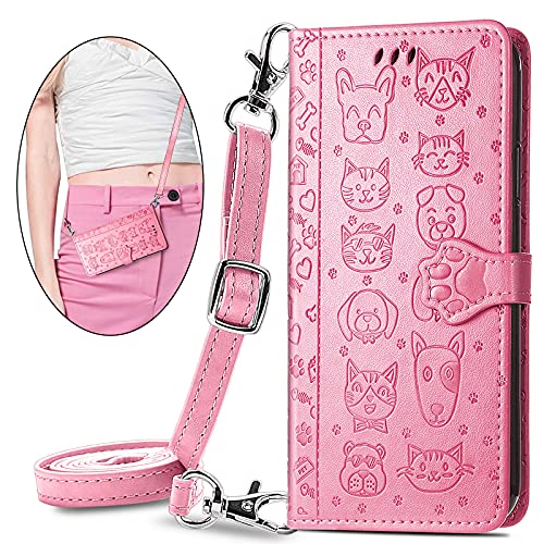CCSmall Samsung Galaxy A32 5G (Not 4G) Crossbody Cell Wallet Case,Cute Cat Dog Cartoon Style Flip Phone Cover with Removable Lanyard Strap with Card Holde Case for Samsung Galaxy A32 5G MGG Pink
