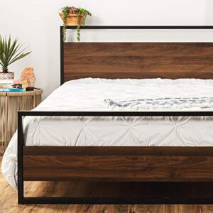 best choice products metal wood platform bed frame, queen size mattress support w/wood slats, no box spring needed, low profile headboard, footboard, 660lb capacity - black/brown