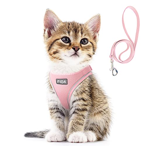 Fida Cat Harness and Leash Set for Walking Kitten and Puppy, Escape Proof Kitten Harness with Breathable Lightweight Soft Mesh, Adjustable Reflective Step-in Design for Kitten and Puppy.(XXXS, Pink)