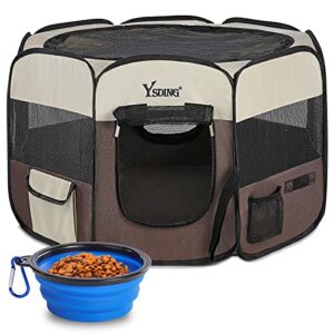 ysding portable foldable pet playpen and puppy playpen with free carrying case collapsible travel bowl,indoor/outdoor use and available in brown 3 sizes for various sizes dog/cat/puppy/rabbit
