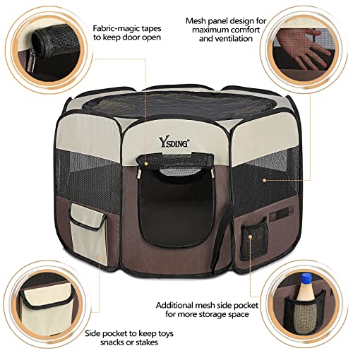 Ysding Portable Foldable Pet Playpen and Puppy Playpen with Free Carrying Case Collapsible Travel Bowl,Indoor/Outdoor Use and Available in Brown 3 Sizes for Various Sizes Dog/Cat/Puppy/Rabbit