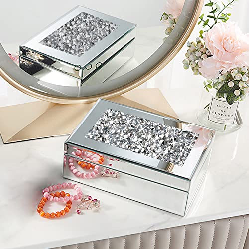 Meetart Large size Diamond Glass Mirrored Jewelry Box Simple Classic Storage Organizer High-end Luxury Mirror Box Silver （9.5x6.5x3inch）