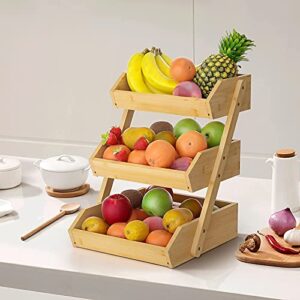 Large 3 Tier Bamboo Fruit Basket Stand for Kitchen Countertop – Fruit Holder – Perfect for Bread, Vegetables, Produce, Home Storage and Display