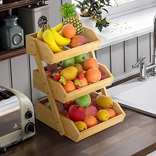 Large 3 Tier Bamboo Fruit Basket Stand for Kitchen Countertop – Fruit Holder – Perfect for Bread, Vegetables, Produce, Home Storage and Display