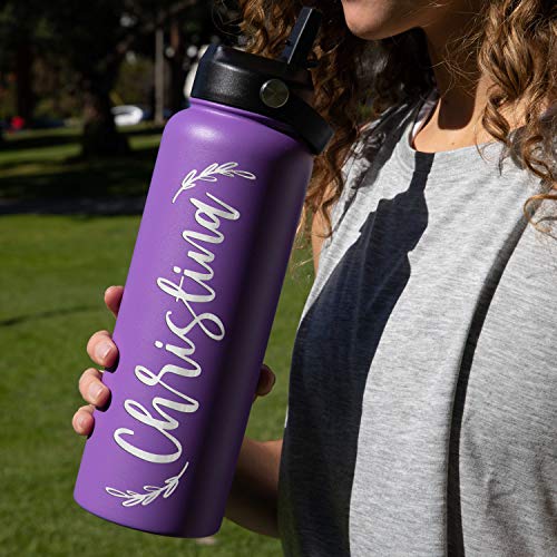 Personalized Water Bottle w/Straw Lid, Double-Wall Insulated | 40 oz - 12 Designs - Purple | 8 Colors Custom Water Bottle w Name, Text - Double Wall, Vacuum Insulated, BPA Free - Non Sweat