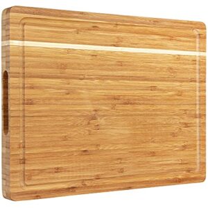 timberr bamboo cutting board - large wood cutting board with handles and grooves - 1 inch thick wooden chopping block for meat, vegetables, and cheeses - makes an excellent serving tray for parties