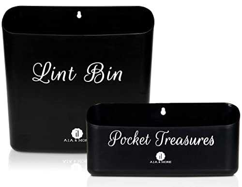 A.J.A. & MORE Lint Holder Bin with Magnetic Strip and Pocket Treasures Bin Magnetic Coin Holder (2 Piece Set) for Laundry Room Organization or Laundry Room Décor (Matte Black)