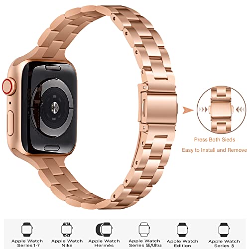 OMIU Thin Band Compatible with Apple Watch 40mm 38mm 41mm 42mm 44mm 45mm 49mm, Premium Stainless Steel Metal Replacement Adjustable Wristband Strap for iWatch Ultra SE Series 8/7/6/5/4/3/2/1 Women Men