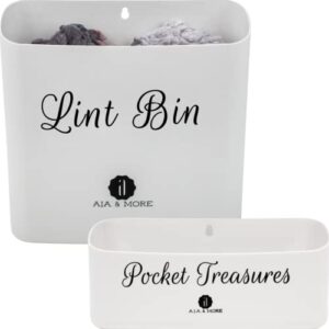 lint holder bin with magnetic strip and pocket treasures bin magnetic coin holder (2 piece set) for laundry room organization or laundry room décor by a.j.a. & more (light grey)