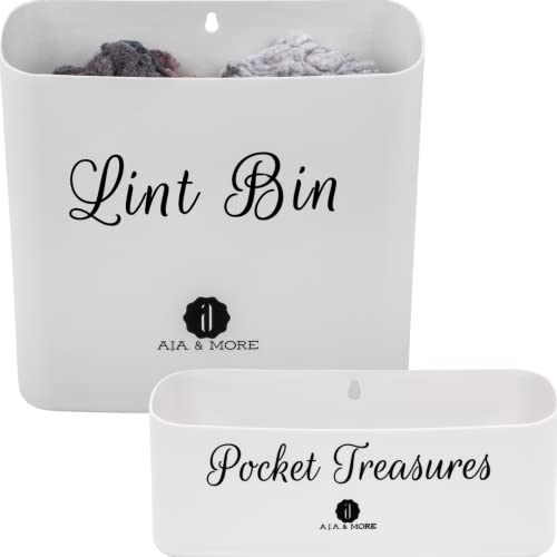 Lint Holder Bin with Magnetic Strip and Pocket Treasures Bin Magnetic Coin Holder (2 Piece Set) for Laundry Room Organization or Laundry Room Décor by A.J.A. & MORE (Light Grey)