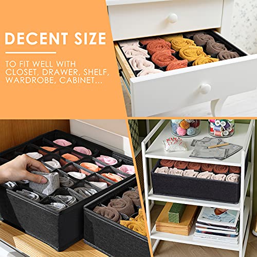 6 Pack Sock Underwear Drawer Organizer Dividers, 64 Cell Fabric Foldable Cabinet Closet Organizers and Storage Boxes for Storing Socks, Underwear, Ties (16+24+24 Cell, Beige+Black)