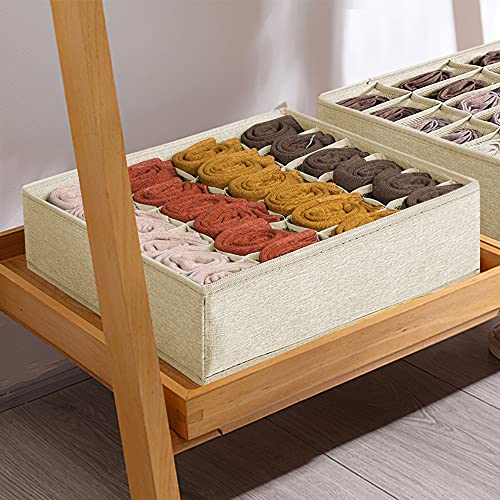 6 Pack Sock Underwear Drawer Organizer Dividers, 64 Cell Fabric Foldable Cabinet Closet Organizers and Storage Boxes for Storing Socks, Underwear, Ties (16+24+24 Cell, Beige+Black)