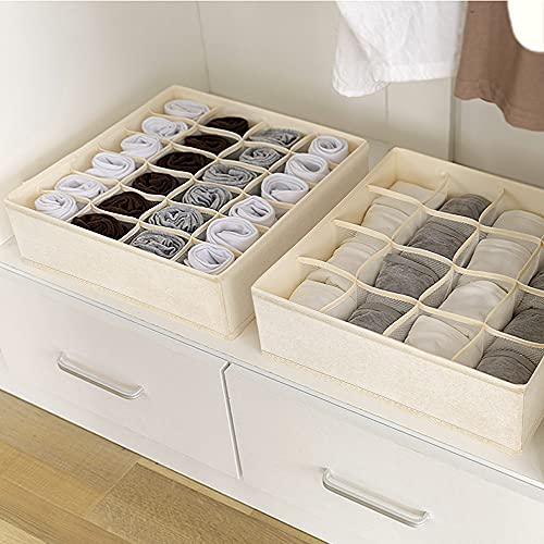 6 Pack Sock Underwear Drawer Organizer Dividers, 64 Cell Fabric Foldable Cabinet Closet Organizers and Storage Boxes for Storing Socks, Underwear, Ties (16+24+24 Cell, Beige+Black)