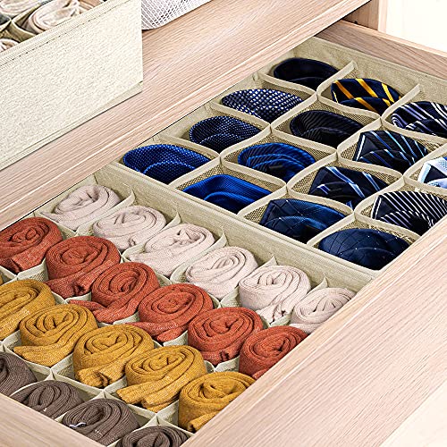 6 Pack Sock Underwear Drawer Organizer Dividers, 64 Cell Fabric Foldable Cabinet Closet Organizers and Storage Boxes for Storing Socks, Underwear, Ties (16+24+24 Cell, Beige+Black)